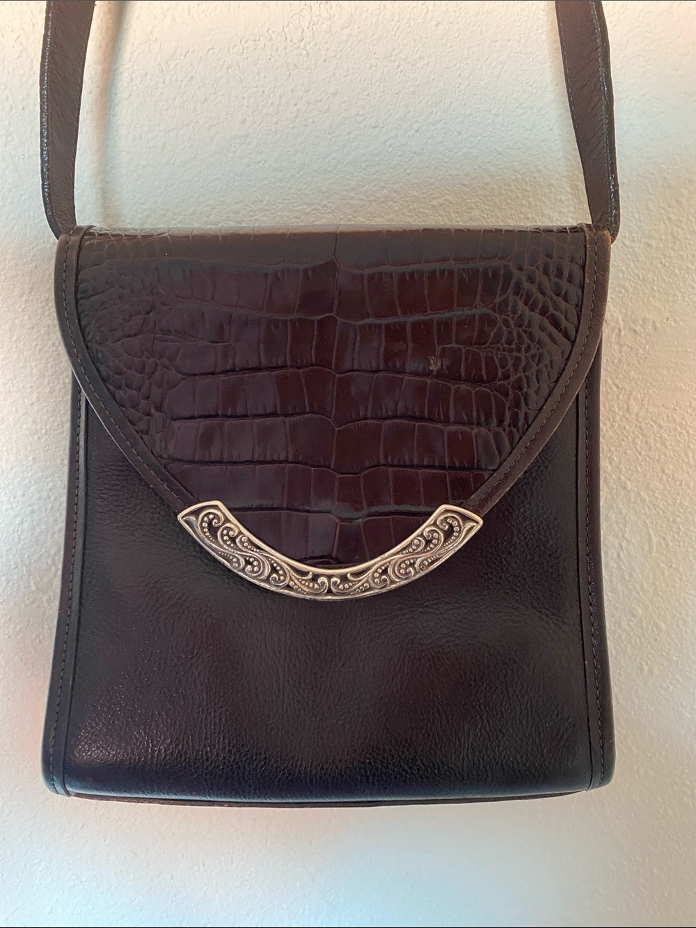 Brighton Vintage Brown Croc Embossed Leather Crossbody Bag Organizer Purse